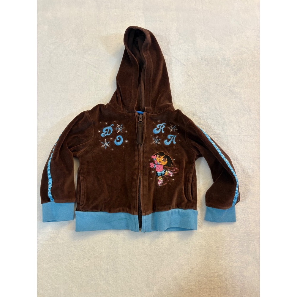Vintage Nick Jr Dora the Explorer Velour Zip Up Hoodie Brown Blue Kids 4T 2007